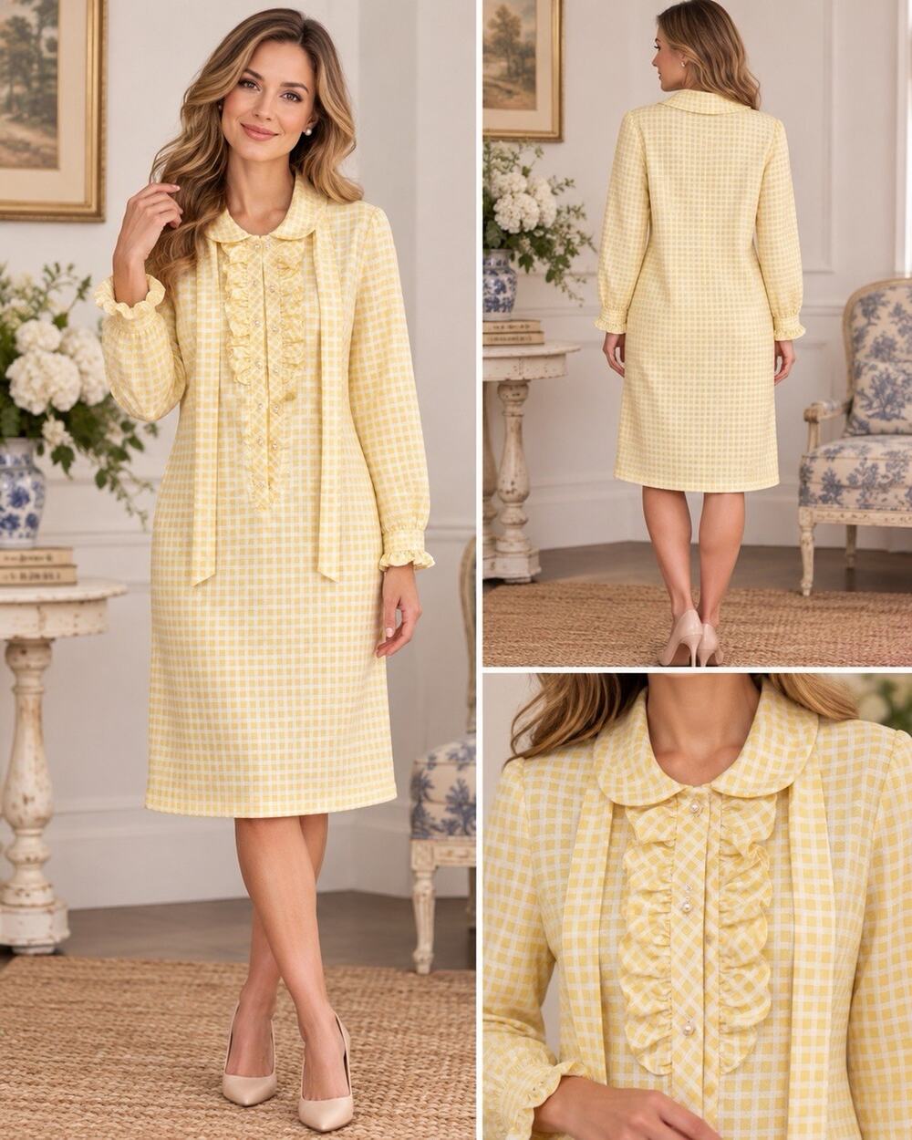 Vintage Fannye’s Roanoke Rapids NC Yellow Gingham Ruffle Dress 46” Long
